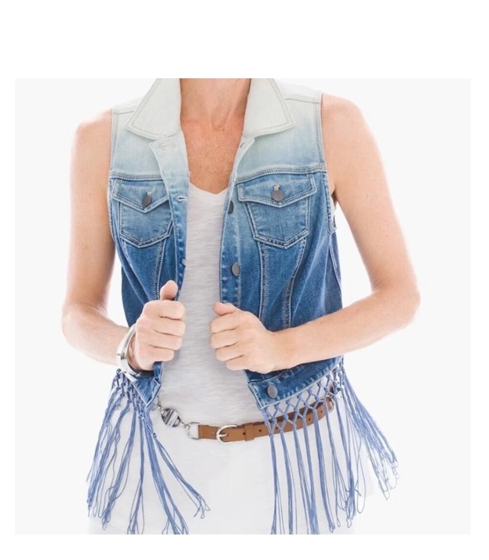 Chico’s blue Jean ombré fringe vest boho western sz medium Chico’s 1